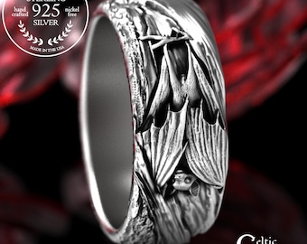 Sterling Hanging Bat Ring, Silver Tree Bat Wedding Ring, Winged Bat in Silver for Woman, Gothic Bat Ring, Bat Spirit Animal Jewelry, 2029