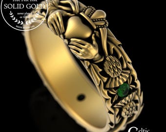 Gold & Emerald Scottish Claddagh Ring, 10K Thistle Highlands Ring, Women's Irish Heart Wedding Band, Thistle Blossom Handfasting Ring, 3244