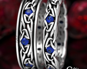 Sterling Silver Celtic Wedding Band Set with Sapphires, Matching Wedding Rings, Thin Wedding Rings, His Hers Celtic Wedding Set, 1467 1469