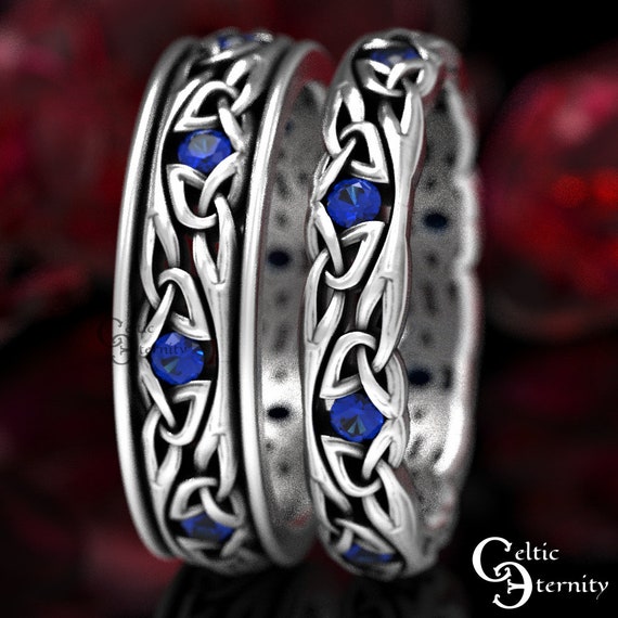 Sterling Silver Celtic Wedding Band Set With Sapphires, Matching