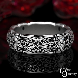 Moissanite & Sterling Celtic Wedding Ring, Unique Wedding Band Design, Celtic Wedding Band, Silver Eternity Ring, Irish Wedding Ring, 1468