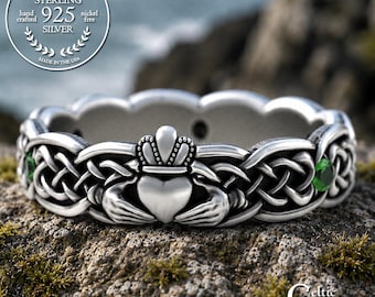 Minimalist Emerald Claddagh Ring in Sterling, Silver Ladies Heart Crown Ring, Irish Handfasting Ring, Simple Celtic Wedding Band, 3253