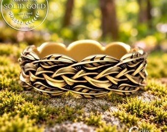 Gold Forever Bound Celtic Knot & Woven Leaves Wedding Ring, 18K White Gold Women's Nature Marriage Jewelry, 14K Irish Pagan Botanical, 2054
