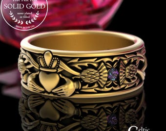 Alexandrite & Gold Men's Scottish Handfasting Ring, 14K Groom's Celtic Thistle Wedding Band, 18K Irish Thorn Jewelry, Marriage Partner, 3282