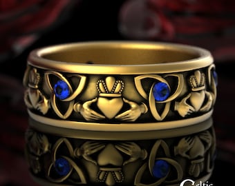 Sapphire Scottish Claddagh Ring, 10K 14K 18K Gold Hand Crown Ring, Gold Irish Sapphire Wedding Band, 10K Celtic Claddagh Wedding Ring, 3079