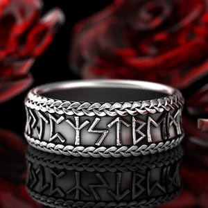 Anillo de plata de ley con escritura Futhark, alianza de plata con runas sagradas, anillo de unión con letras de Odín, alianza con glifos rúnicos, 1791