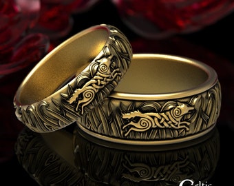 Matching Wolf Rings, 10K Celtic Wolf Ring Set, Gold Celtic Matching Rings, Gold Wolf Wedding Bands, 10K Gold Wolf Wedding Rings, 1909 1910