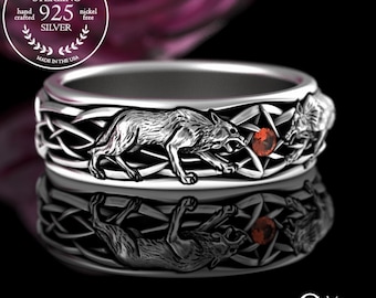 Celtic Mens Garnet Wolf Ring, Sterling & Garnet Irish Wolves Wedding Band, Groom's Scottish Wolf Ring, Knotwork Ireland Wolf Ring, 4747