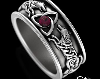 Scottish Ruby Wolf Ring, Sterling Silver Mens Irish Wedding Band, Ruby Celtic Ring, Ruby Viking Ring, Norse Wolf Ring, Nordic Knotwork, 3103