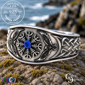 Sterling Helm of Awe Ring, Sapphire Viking Ring, Mens Sapphire Ring, Viking Ring, Raven Ring, Viking Wedding Band, Sapphire Raven, 3019