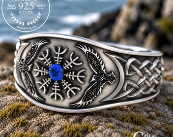 Sterling Helm of Awe Ring, Sapphire Viking Ring, Mens Sapphire Ring, Viking Ring, Raven Ring, Viking Wedding Band, Sapphire Raven, 3019