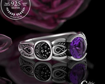 Moon & Stars Sterling Engagement Ring, Silver Amethyst Celestial Solitaire, Night Sky Constellation Jewelry, Sapphire Starlight Bride, 3290