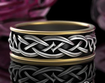 Sterling + 10K Gold Celtic Knotwork Wedding Band, 2tone Irish Groom Woven Wedding Ring, Two Tone Silver Braided Scottish Weave Ring, 4042