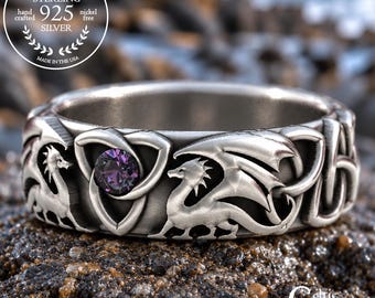 Bridal Alexandrite Dragon Ring, Celtic Wyvern Wedding Band, Sterling Women Draco Ring, Lady Irish Dragon Ring, Silver Fantasy D&D Ring, 3186