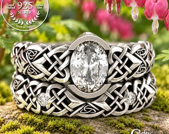 Stacked Bridal Ring Set, Sterling Moissanite Matching Engagement Rings, Silver Celtic Wedding Ring Set, Irish Heart Engagement, 3018 3017