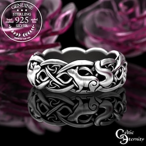 Squirrel Ring, Sterling Silver Forest Wedding Band, Norse Ratatoskr Ring, Forest Animal Ring, Celtic Woodland Creature Wedding Ring, 3142