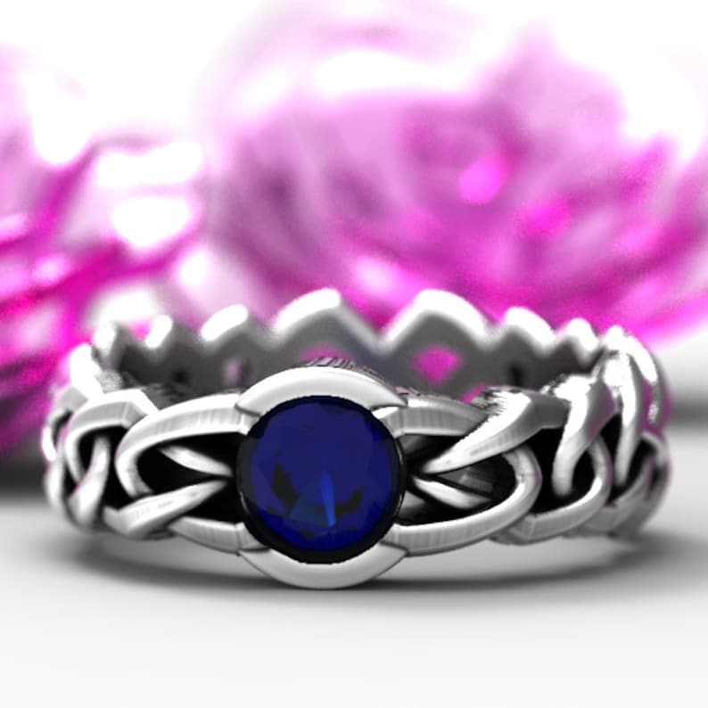 Made in Your Size Cr-1066c Celtic Cut-Through Quaternary Knot Design Ring Sapphire in Sterling SIlver or Palladium 10K 14K 18K Platinum