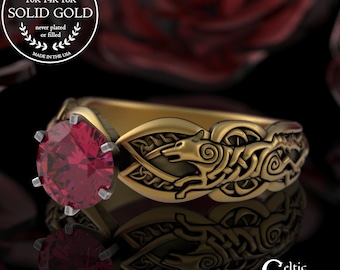 Ruby & Gold Bride Norse Wolf Ring, 14K Viking Wolves Engagement Ring, Platinum Ruby Proposal Ring, Women's Irish Wolf Anniversary Ring, 3177