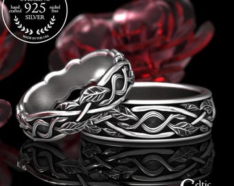 Sterling Woven Vines Wedding Ring Set, Matching Silver Botanical Nature Anniversary, Scottish Tree Branches His Hers Marriage Set, 2050 2051