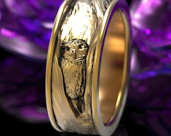 Gold Owl Wedding Ring, Owl Wedding Band, Tree Bark Ring, Nature Inspired Wedding Ring, Owl In Tree Wedding Ring 10k 14k 18k Gold, 1794