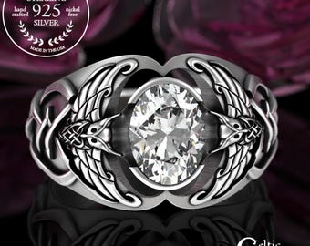 Sterling Moissanite Mens Ring, Viking Owl Wedding Ring, Silver Viking Statement Ring, Diamond Viking Wedding Band, Silver Norse Owl, 3057