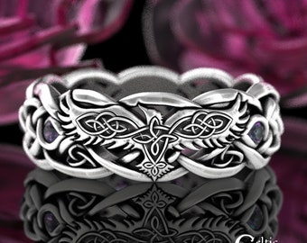 Sterling Silver Raven Wedding Ring, Alexandrite Womens Ring, Viking Raven Ring, Womens Raven Wedding Band, Celtic Raven Wedding Ring, 4728
