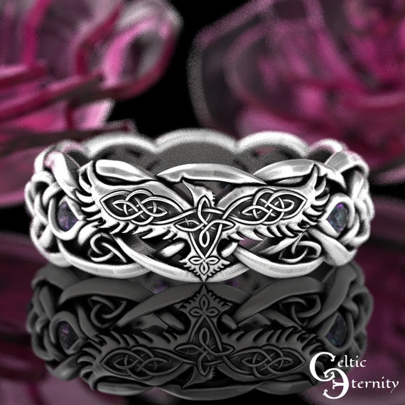 Sterling Silver Raven Wedding Ring, Alexandrite Womens Ring, Viking Raven Ring, Womens Raven Wedding Band, Celtic Raven Wedding Ring, 9728