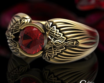 Gold Raven Ring, Celtic Wedding Ring, Ruby Gold Ring, Platinum Raven Ring, Bird Wedding Ring, Gold Viking Ring, Mens Celtic Ring, 1491