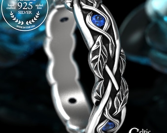 Sterling Sapphire Leaves Wedding Ring, Womans Delicate Forest Ring, Silver Celtic Nature Knotwork Marriage Ring, Botanical Garden Ring, 2052