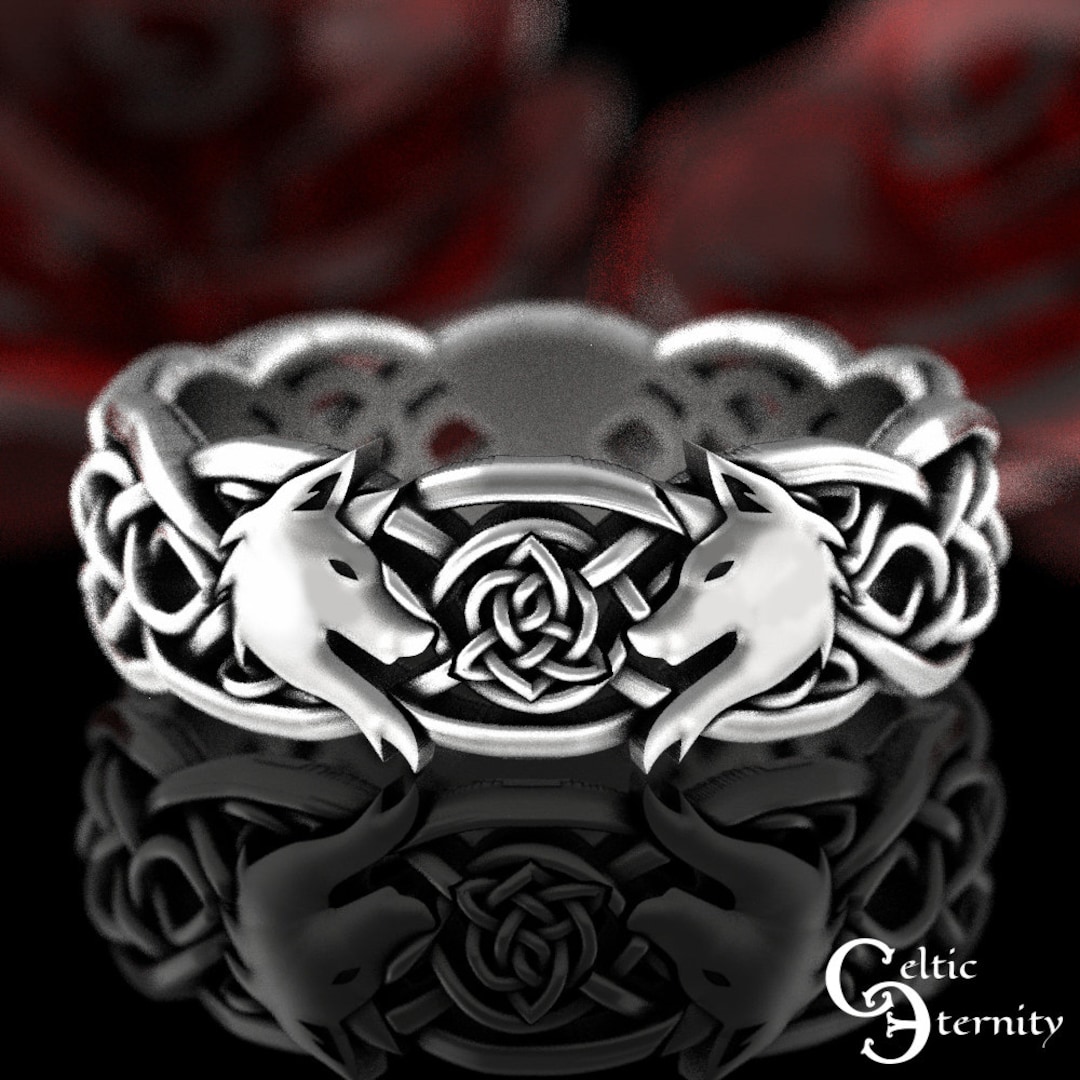 Sterling Silver Wolf Ring, Wolves Wedding Ring, Celtic Wolf Ring