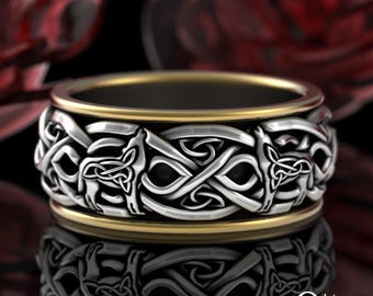 Viking Groom 2tone Wolf Ring, Sterling & 10K Gold Man Wolves Wedding Band, Silver Gold Celtic Knotwork Wedding Ring, Norse Wolf Ring, 4031