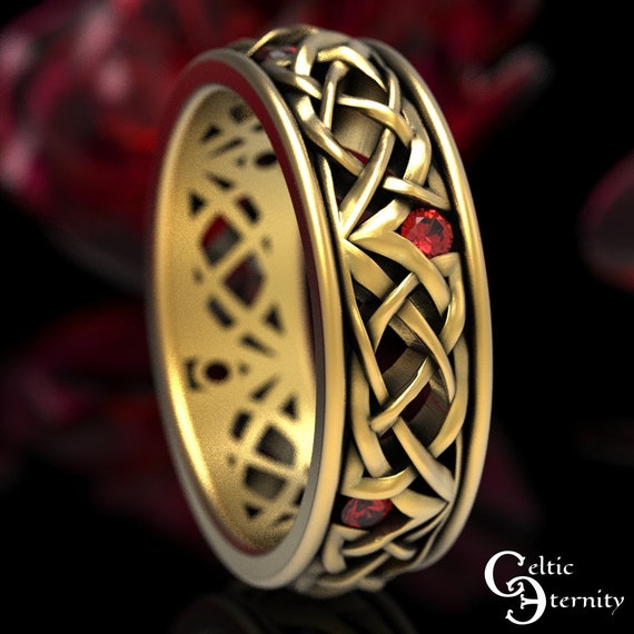 Gold Celtic Wedding Ring, Ruby Wedding Band, Celtic Wedding Band, Platinum Celtic Ring, Ruby Celtic Ring, Mens Gold Wedding Band, 1506