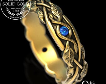 14K Gold Forest Garden Wedding Ring, Sapphire & White Gold Nature Bride Ring, 18K Botanical Leaves Woven Band, Platinum Irish Knotwork, 2052