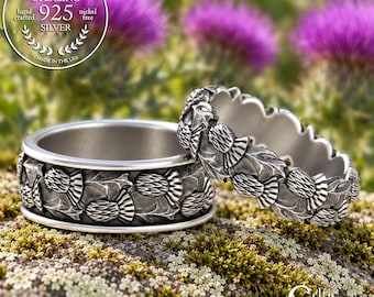 Matching Scottish Highlands Thistle Wedding Set, Sterling Celtic Bride & Groom Rings, Handmade Irish Marriage Anniversary Bands, 1785 4066
