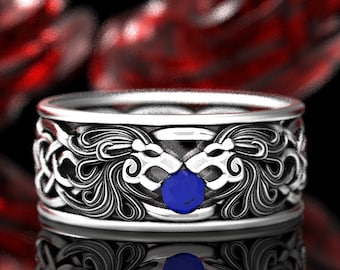 Sapphire Celtic Lion Ring, Infinity Knot Wedding Band, Ring of Protection, Animal Jewelry, Lion King Ring, Sapphire Cat Ring, 1735