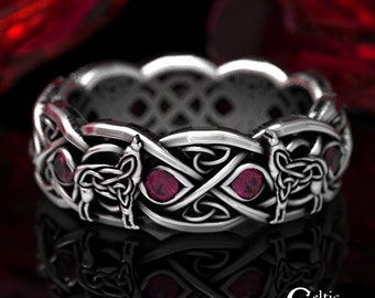 Ruby Wolf Wedding Ring, Sterling Silver Celtic Wolf Ring, Wolf Wedding Band, Ruby Celtic Wedding Band, Ruby Infinity Wedding Ring, 1267