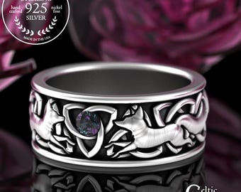 Alexandrite Fox Lovers Wedding Ring, Sterling Celtic Foxes Ring, Groom's Wide Kitsune Ring, Irish Marriage Band, Silver Fox Ring, 3250