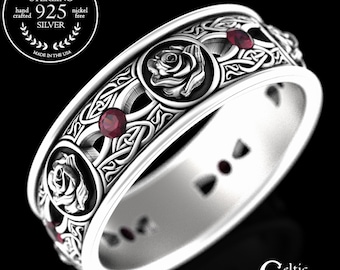Ruby Celtic Rose Wedding Band, Sterling Irish Rose Wedding Ring, Silver Rose Celtic Ring, 925 Silver Ruby Irish Wedding Ring, 3045