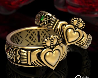 His Hers Gold Claddagh Rings, Emerald Heart Wedding Set, Emerald Claddagh Rings, Matching Celtic Wedding Band, Irish Heart Ring, 1545 1546