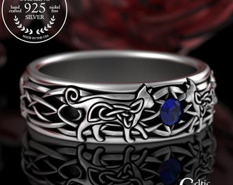 Sapphire Tom Cat Ring, Sterling Groom Cats Marriage Ring, Silver Life Partner Ring, Irish Kitty Cat Wedding Band, Meow Irish Knotwork, 3257