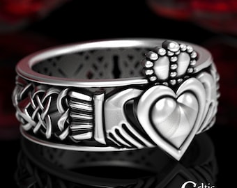 Sterling Silver Mens Claddagh Ring, Modern Claddagh Ring, Mans Celtic Wedding Band, Silver Irish Heart Ring, Claddagh Wedding Ring, 1546