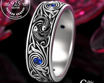 Sapphire Men's Japanese Koi Fish Wedding Band, Silver Groom's Ocean Wave Ring, 2103 2103