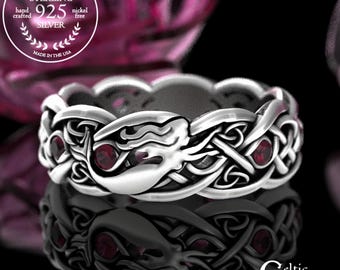 Ruby Irish Mermaid Ring, Sterling Mermaid Wedding Ring, Ruby Celtic Siren Ring, Scottish Mermaid Ring, Silver Ocean Wedding Band, Woman 3058