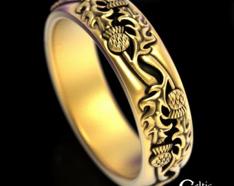 10K Thistle Ring, Gold Scottish Thistle Wedding Band, 10K Scotland Wedding Ring, 14K Thistle Celtic Ring, 14K Gold Irish Celtic Ring, 1778