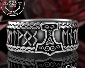 Sterling Norse Warrior Rune Ring, Wide Men's Viking Wedding Ring, Skaldic Kenning Elder Futhark Ring, Odin Thor Hammer Warrior Band, 3289