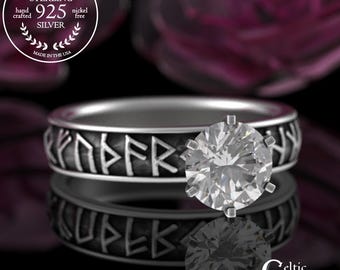 Bridal Viking Rune Engagement Ring, Sterling & Moissanite Norse Rune Ring for Viking Bride, Custom Futhark Nordic Rune Wedding Band, 3228
