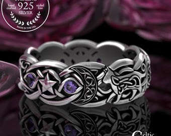 Sterling & Amethyst Celtic Cat Ring, Crescent Moons Wedding Ring, Silver Kitty Cat Ring, Magic Celestial Star Ring, Irish Kitten Ring, 3259