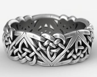 Sterling Silver Celtic Wedding Band, Celtic Knot Ring, Heart Wedding Ring, Silver Heart Ring, Mens Wide Band, Unique Wedding Ring, 1105