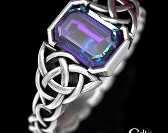 Alexandrite Engagement Ring, Sterling Celtic Wedding Ring, Unique Silver Engagement Ring, Emerald Cut Ring, Alexandrite Wedding Ring, 1306