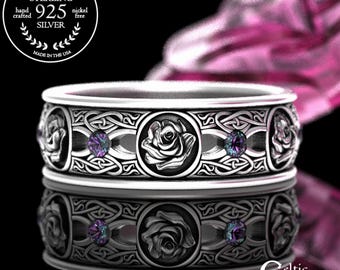 Alexandrite Celtic Rose Wedding Band, Sterling Irish Rose Wedding Ring, Rose Celtic Ring, Irish Wedding Ring, Alexandrite Wedding Band, 3045